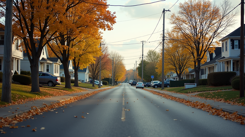 Eye-level view of a cozy Moncton neighborhood street with houses and trees