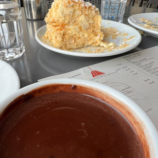Napoleon dessert with hot chocolate