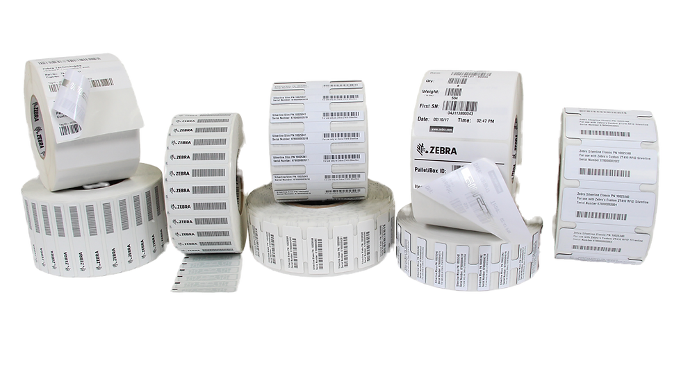 White rolls of Zebra RFID Labels
