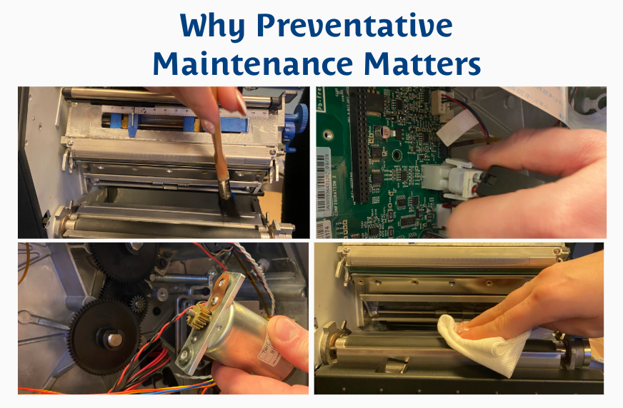 Images showing various printer parts being services 