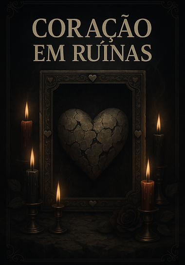 Ilustração mística e sombria com um coração de pedra rachado no centro, cercado por moldur