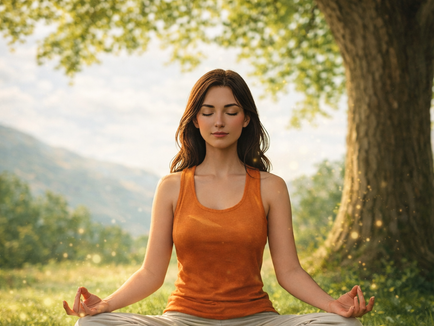 woman meditating under tree