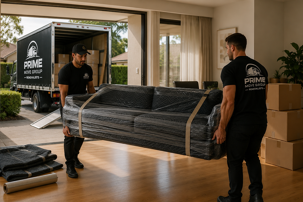 Prime Move Group movers carrying wrapped sofa to truck