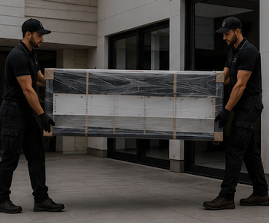 Two movers carrying a wrapped kitchen joinery unit.