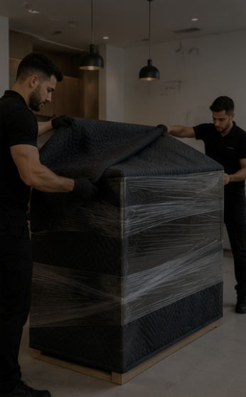 Two movers wrap kitchen joinery for relocation.