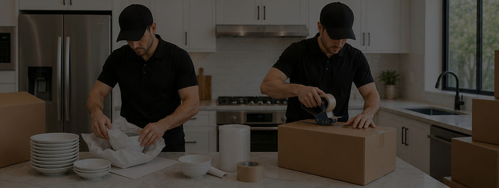 Professional movers wrapping and packing boxes in a kitchen.
