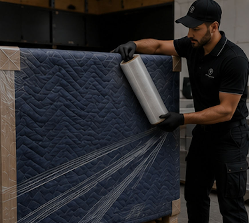 Worker wrapping kitchen joinery with protective film.