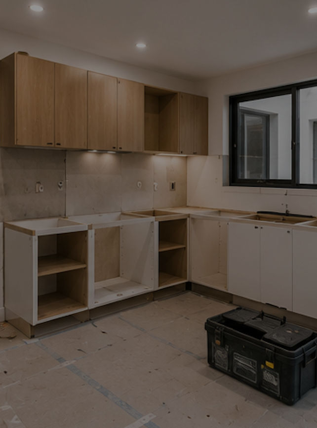 Kitchen joinery relocation with unfinished wooden cabinets