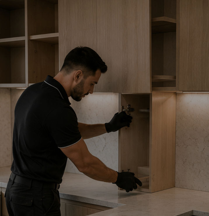 Kitchen joinery relocation expert installing wood cabinets