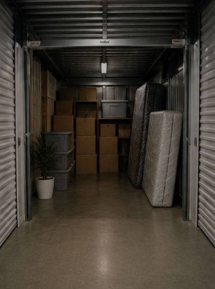 Storage unit filled with moving boxes and mattresses.