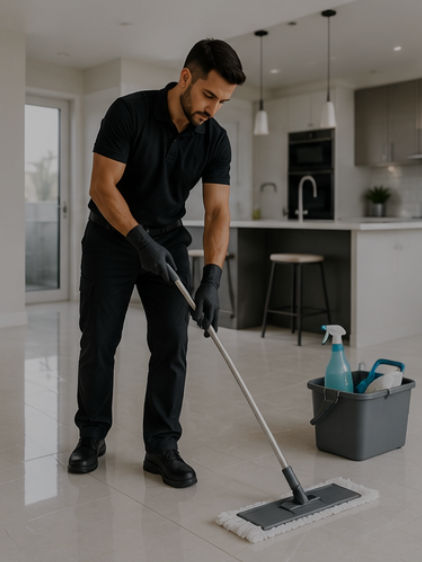 Professional cleaner mopping a kitchen floor
