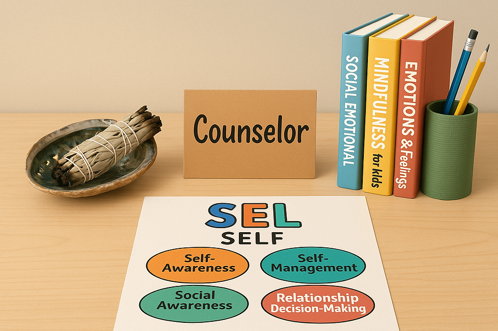 Close-up view of a counselor's desk with Native American artifacts and SEL materials