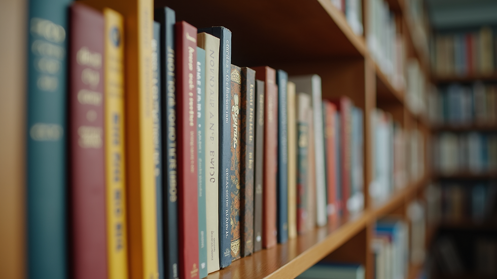 Close-up view of culturally diverse educational books on a shelf