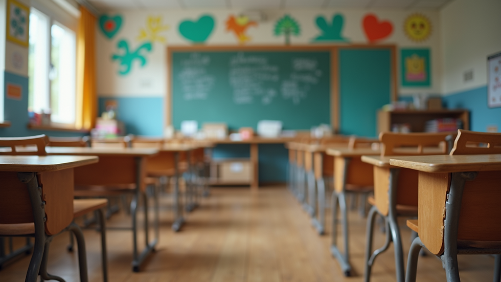 Eye-level view of a classroom with diverse cultural decorations