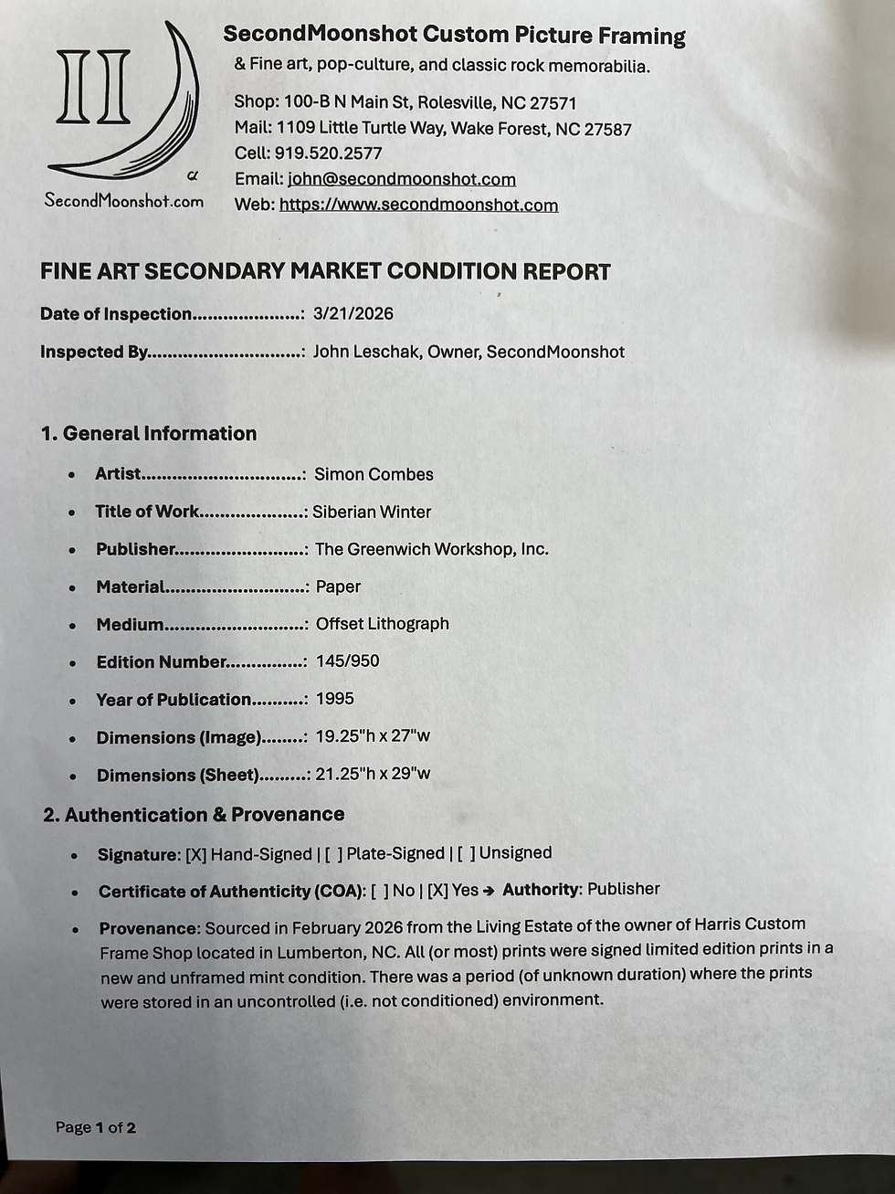 Thumbnail: Simon Combes: Siberian Winter Print | 145/950 | Mint Never Framed