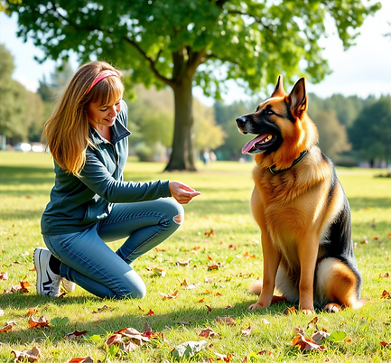 Park-like setting, a German Shepard and female owner practicing _sit_ training.png