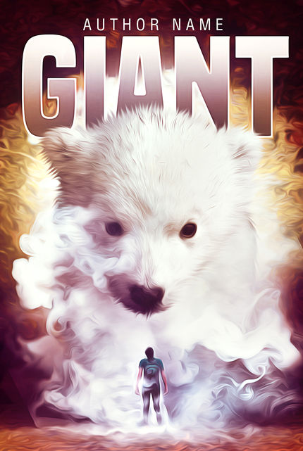 person stands before a giant fluffy white creature in a glowing forest, with the title GIANT above, Fantasy book cover featuring a giant cute white animal towering over a human in a mystical forest. A small person meets a giant adorable white creature in a magical glowing woodland. Giant fluffy creature and human in fantasy forest book cover.