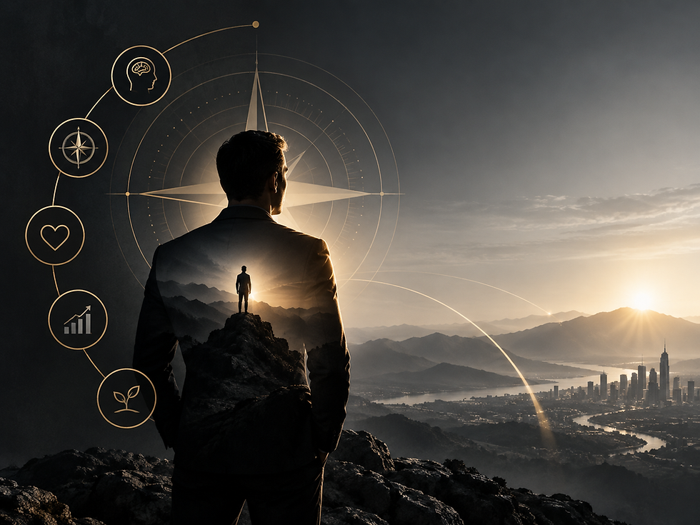 Professional visualizing leadership insights and growth.