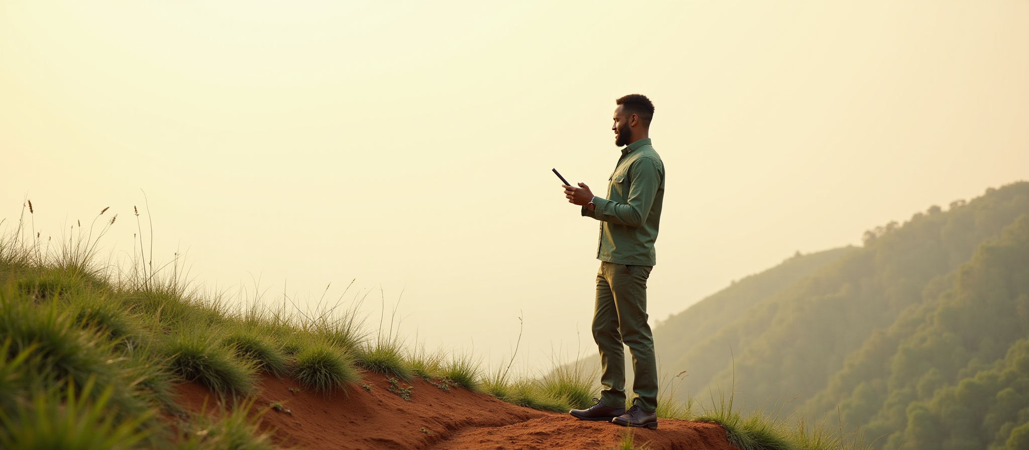 A man holding a tablet in his hands, taking notes during environmental fieldwork in a mountainous environment.