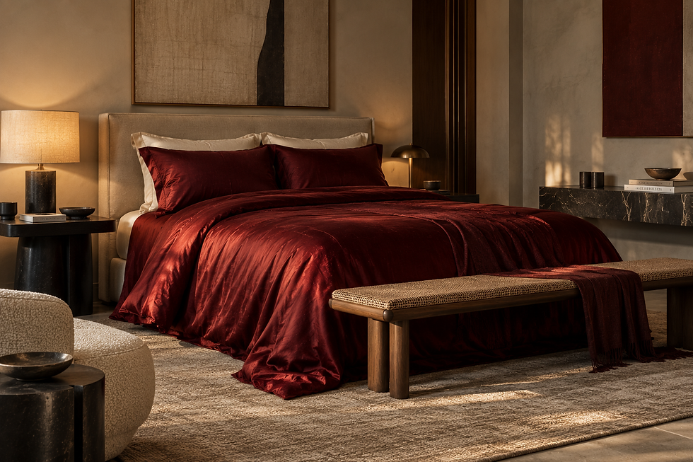 Roupa de cama em seda pura vermelho fechado com fronhas off-white em quarto contemporâneo sofisticado.