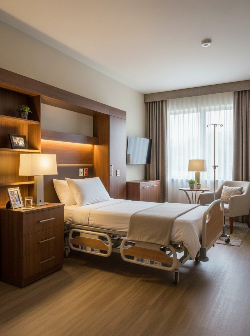 Healthcare room with JES Lighting lamps on nightstands beside a hospital bed