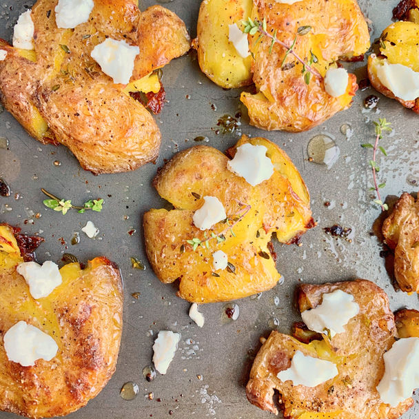 Honey Goat Cheese Crispy Smashed Potatoes