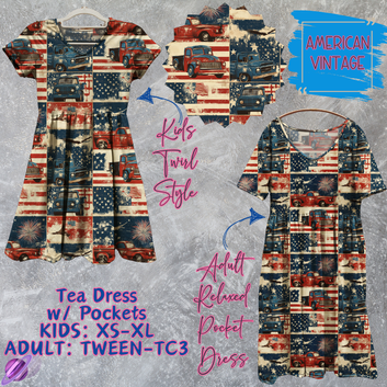 Mockup of tea dresses featuring vintage American flag print for kids and adults.