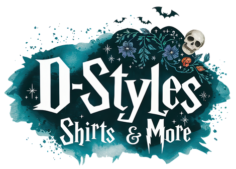 Teal and black logo with gothic florals, bats, and skulls behind the text “D-Styles Shirts & More.”