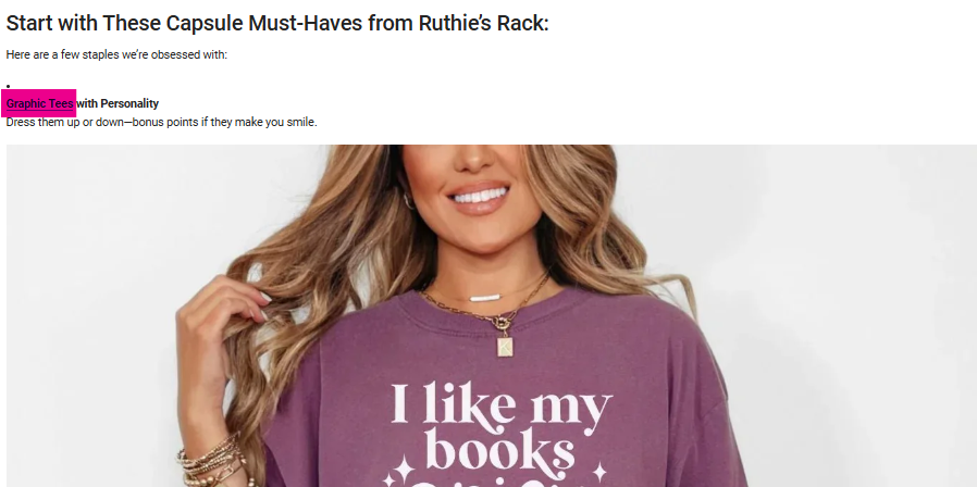 Woman in a purple graphic tee with "I like my books" text, smiling. She wears layered necklaces and bracelets, with a minimal background. Blog post leading to shop page with featured product
