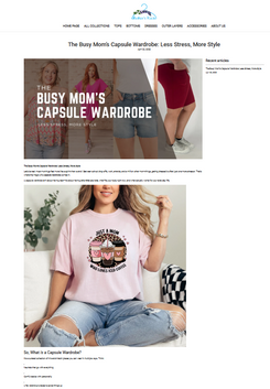 Screenshot of a blog titled “The Busy Mom’s Capsule Wardrobe” featuring casual outfits and a pink iced coffee-themed t-shirt.