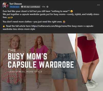 A collage of women in casual outfits with the blog title “The Busy Mom’s Capsule Wardrobe.” Caption links to a helpful blog for simplifying wardrobe choices.