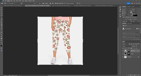 Photoshop preview of cherry pattern on leggings worn by model in sneakers.