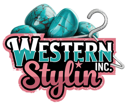 Western Stylin Inc. logo with turquoise stones and a pink distressed background with a clothing hanger graphic.