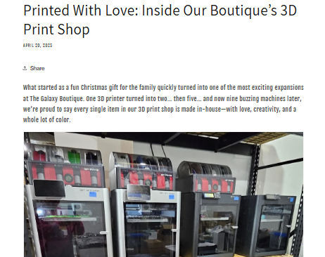 3D printers in a boutique's workshop. Text: "Printed With Love: Inside Our Boutique’s 3D Print Shop." Colorful spools visible. Personal blog content that connects with your community
