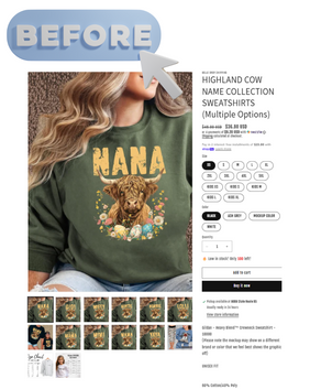 Screenshot of the original Shopify product listing for a Highland Cow graphic sweatshirt with the word “NANA” and limited product description.