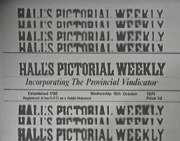 RTE Irish TV show showing the Black-and-white newspaper masthead reading HALL'S PICTORIAL WEEKLY, Incorporating The Provincial Vindicator, dated Wednesday 16th October 1974.