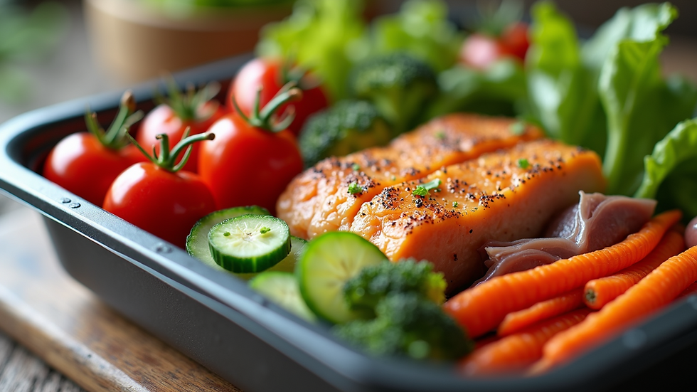 Close-up view of a healthy meal prep container filled with colorful vegetables and lean protein