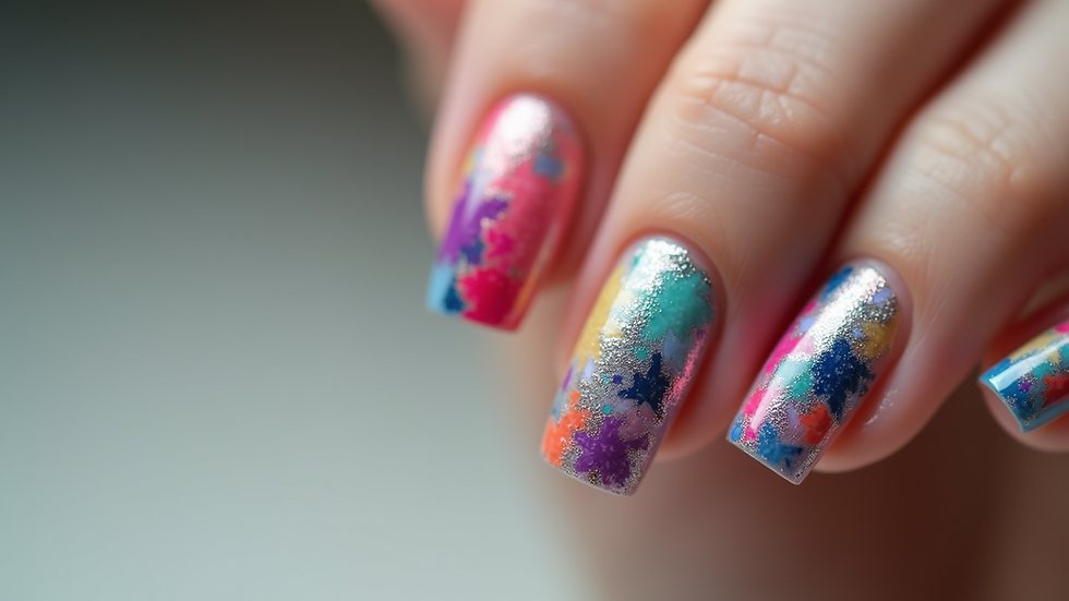 Close-up view of colorful acrylic nails with geometric designs