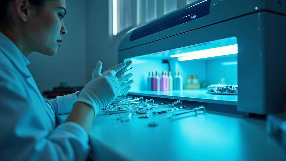 Eye-level view of a nail technician placing tools inside a UV sterilizer