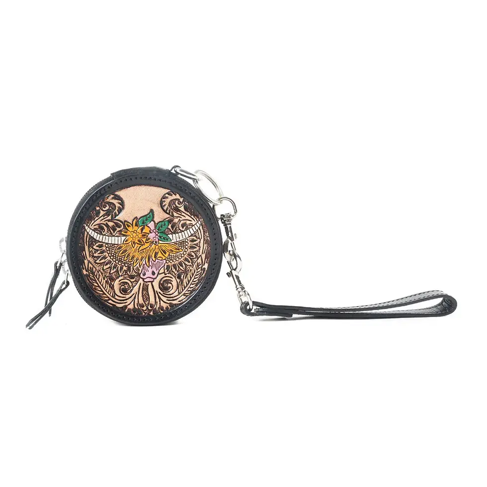 Thumbnail: Myra Western Crest Handtooled Leather Coin Pouch In Desert Tan