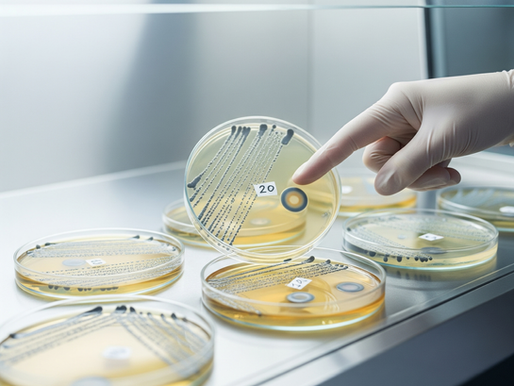 Microbiólogo analizando los resultados de un cultivo vaginal con antibiograma en placas de Petri, observando las zonas de inhibición bacteriana en un laboratorio.