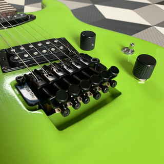 Gotoh Floyd Rose on a bright lime green 80s style super strat stratocaster hand built at Malone Guitars in Billericay Essex