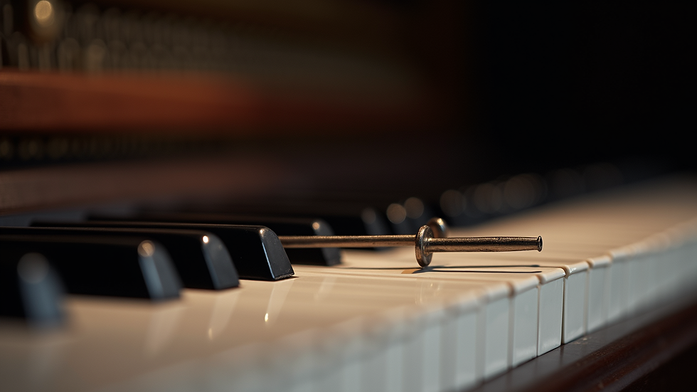 Close-up view of a piano tuning fork resting on a grand piano
