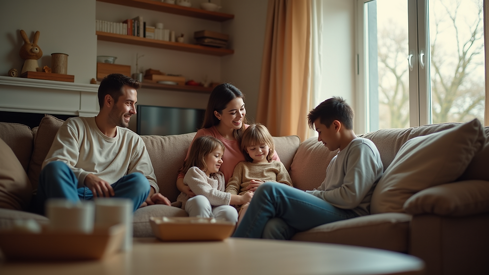 Eye-level view of a family sitting together in a cozy living room