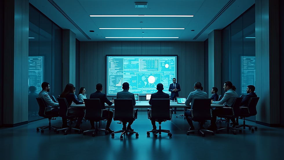 High angle view of a conference room with cybersecurity professionals discussing strategy