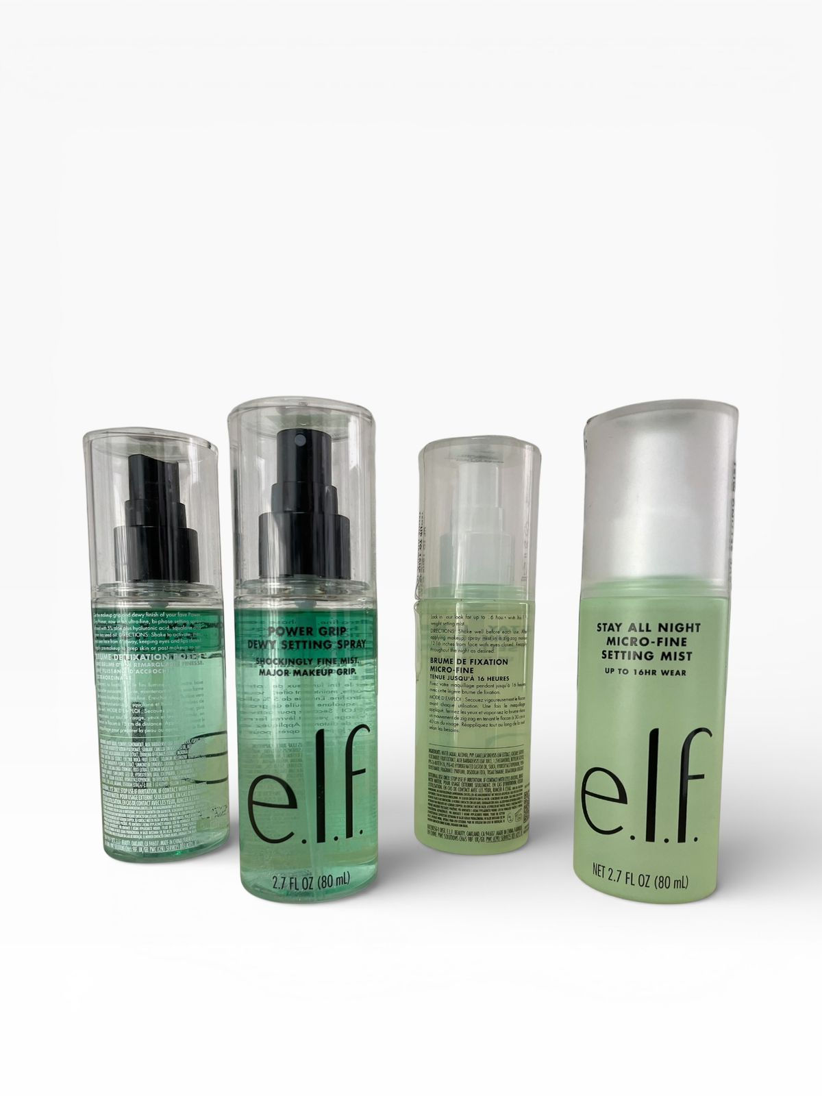 Elf Power Grip Dewy Setting Spray y Stay All Night Micro-Fine Setting Mist