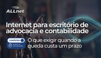 Capa da ALLnet com estátua da Justiça e ondas azuis; texto: Internet para escritório de advocacia e contabilidade.