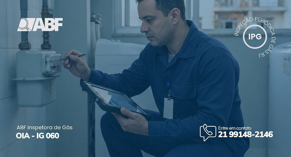 Técnico da ABF inspeciona medidor de gás com tablet; fundo residencial azul, com textos IPG e contato 21 99148-2146.