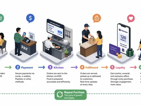 Infographic of restaurant ordering flow: order, pay, kitchen, fulfilment, loyalty, and repeat purchase with customers and icons.