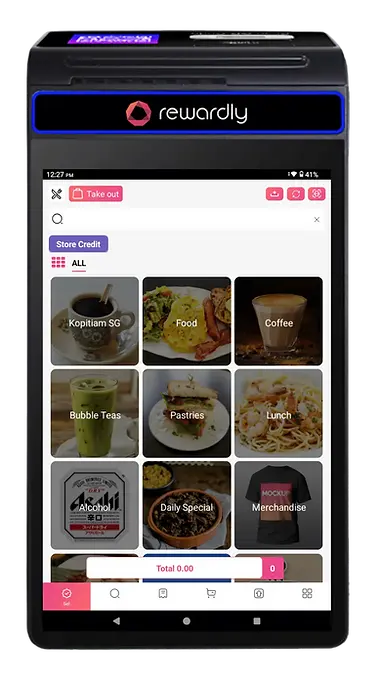 Rewardly P2 Smart POS terminal offer large screen with mobility suitable for hawker stall.